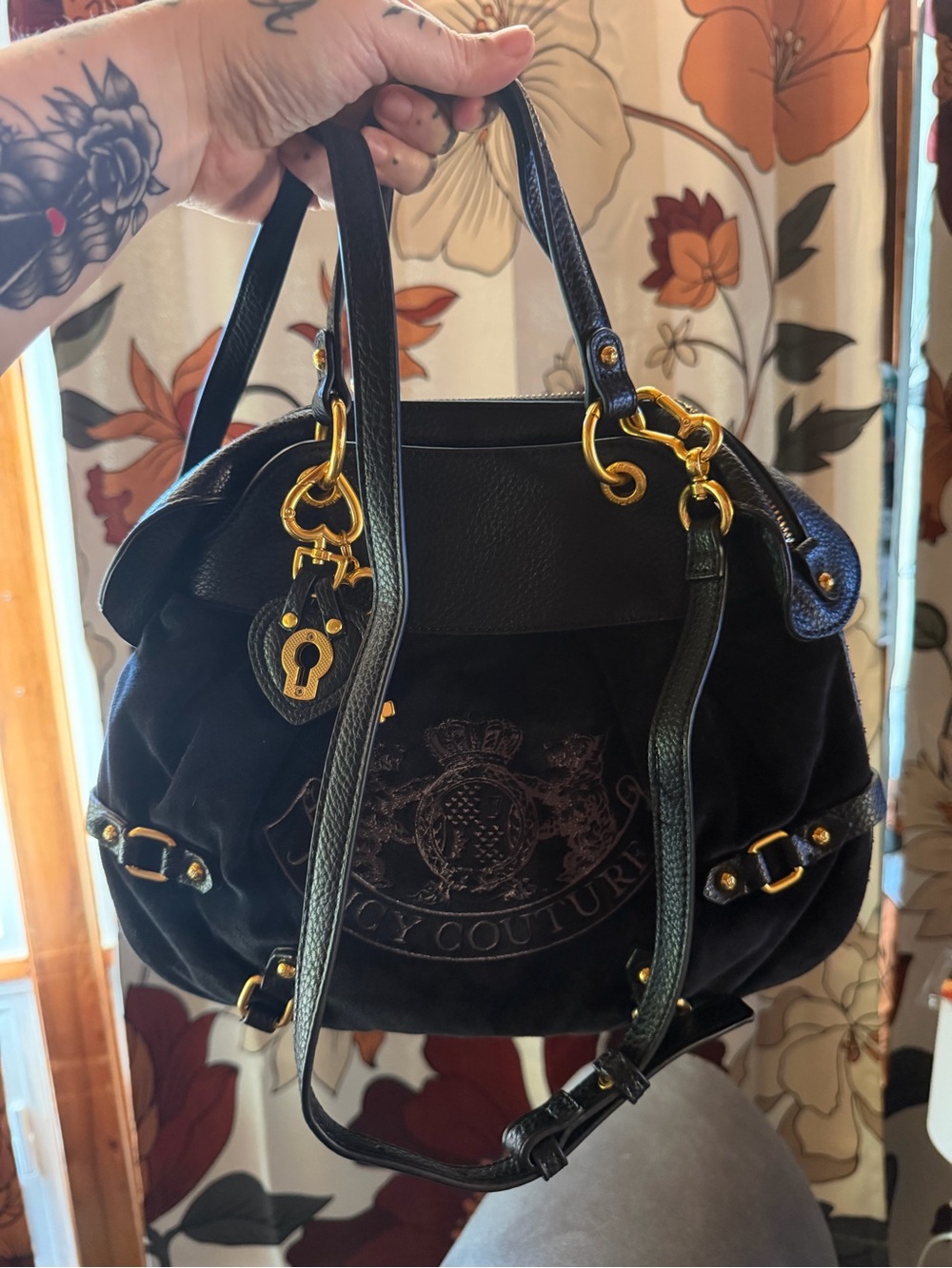 Juicy Couture Black Velvet & Gold Twin Dogs Satchel